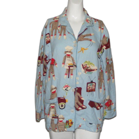 NICK & NORA Pajama Top, M, Blue, Sock Monkey Daily Tasks, Long sleeves, Fleece - Picture 7 of 8